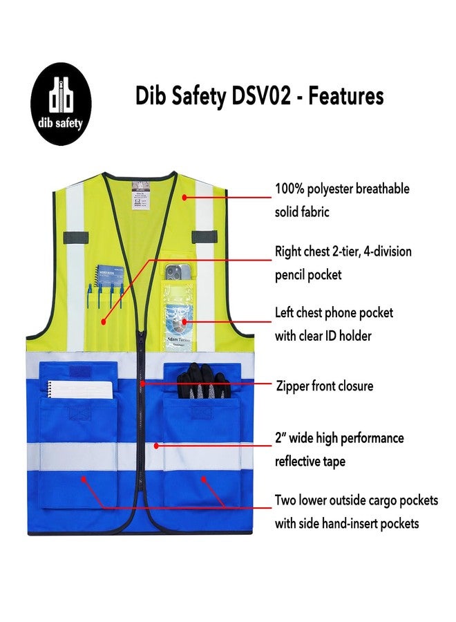 Dib Safety Reflective Vest High Visibility with Pockets and Zipper, Yellow and Blue S - Image 5